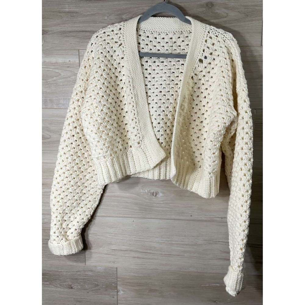Handmade Crochet Cardigan Cropped Overized Chunky Knit Boxy White Size L/XL